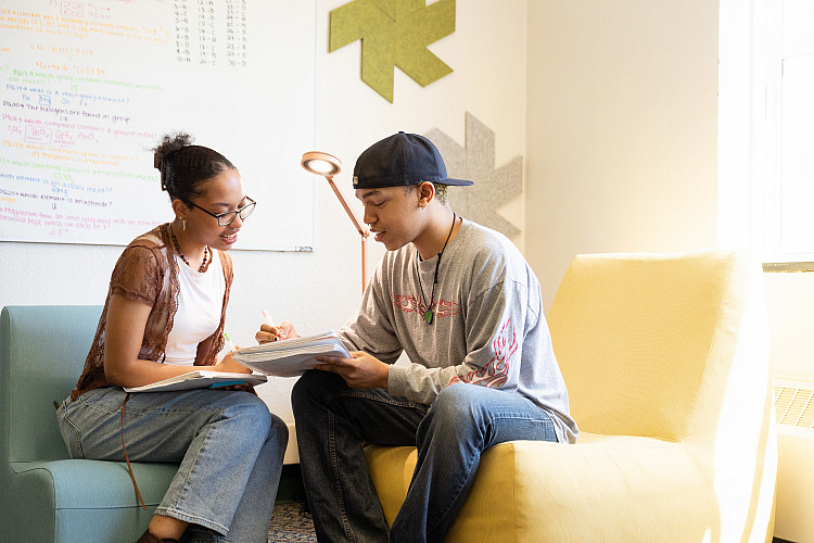 Two students studying together in a wellness room on campus