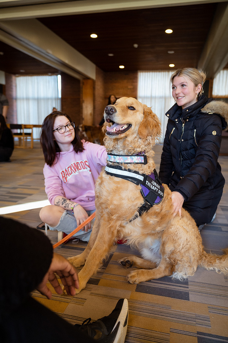 two students petting a dog inside of one of the campus' residence halls