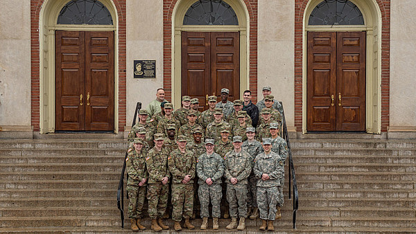 ROTC students pose in a group on the steps of Hartwell Hall