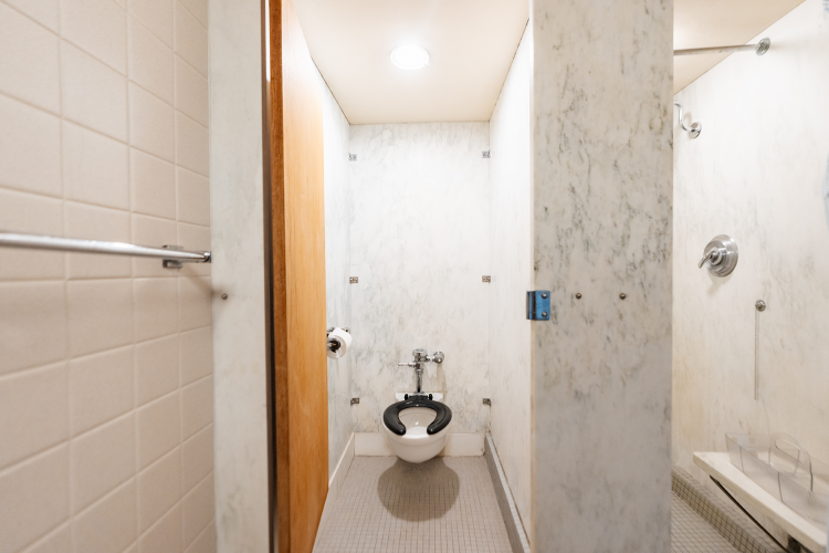 Close up view of the bathroom stall, with the shower stall to the right