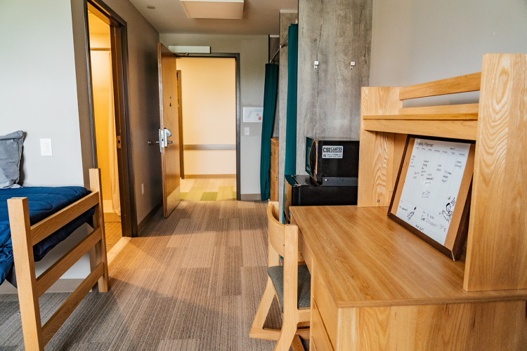 Short hallway of a bedroom with the bathroom on the left, and closet space, fridge, microwave, and desk on the right